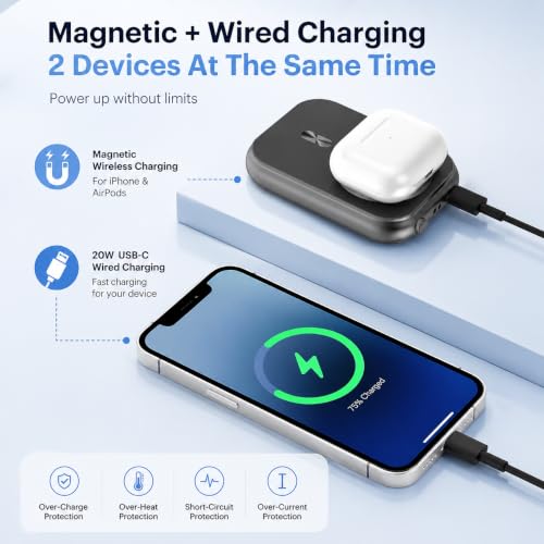 Magnetic Power Bank, Compact 10,000mAh Magnetic Wireless Portable Charger with 20W Max Fast Charging,for iPhone 16/15/14/13/12Series,AirPods,and
