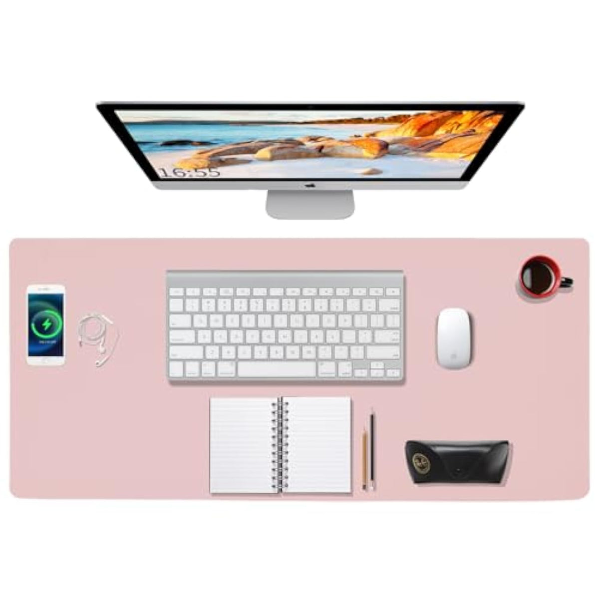 Desk Mat Wireless Charging Mouse Pad Large 32X16 Journey Desk Pad Mat With Wireless Charger Waterproof Pink Leather Computer Mat With Phone Charger Mousepad Non-Slip For Keyboard And Mouse