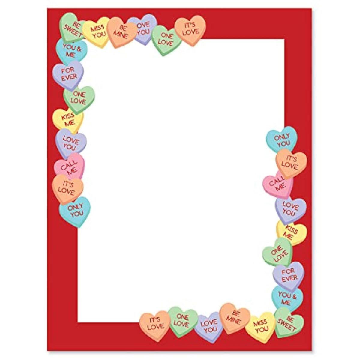 Candy Hearts Letter Paper - Decorative Stationery With Heart Border, Printable Valentine'S Day, Wedding & Bridal Shower, & Invitation Letterhead Sheets, Set Of 25, 8 1/2" X 11"