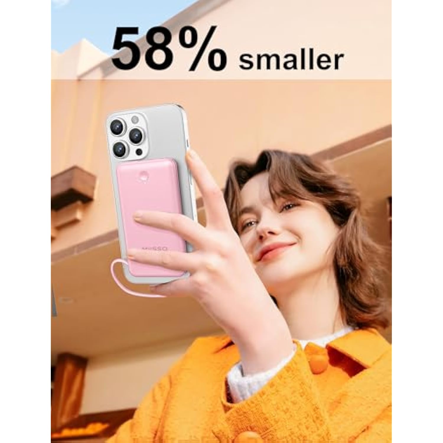 Ultra Slim 10000Mah Power Bank Built-In Cables And Foldable Ac Wall Plug, Pocket Size Usb C Portable Charger, External Battery Pack Compatible With Iphone Samsung Ipad Etc, Pink