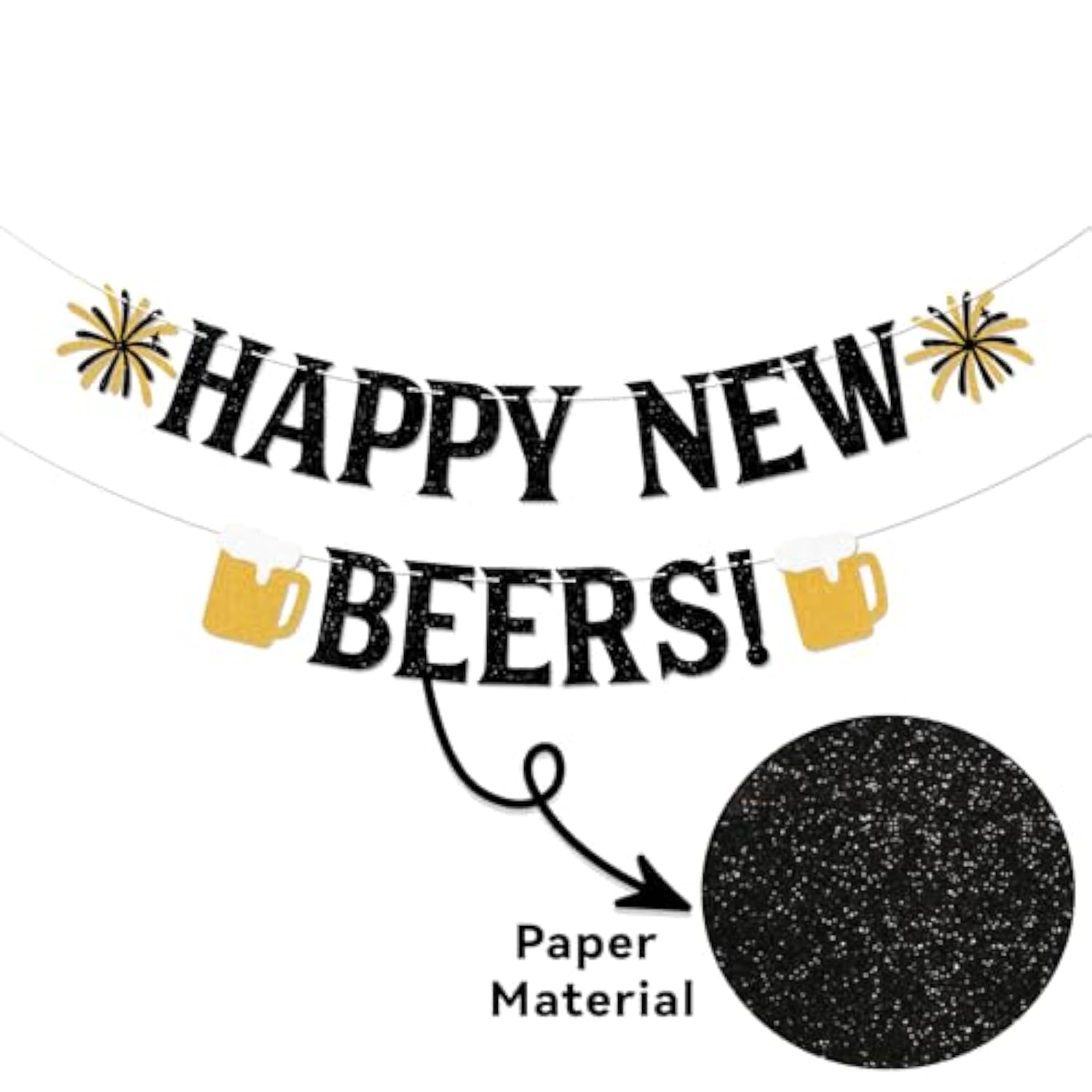 Happy New Beers Banner Black Glitter Beer Theme 2026 Party Decoration