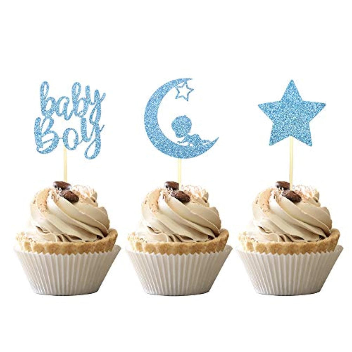 24 Pcs Baby Shower Boy Cupcake Toppers With Moon Star Blue Glitter Cupcake Picks Boys Birthday Party Supplies