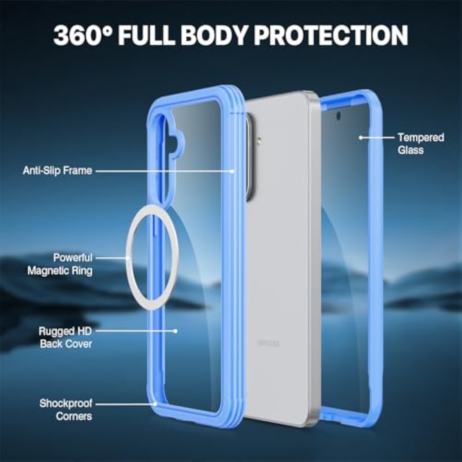 Magnetic Case For Samsung Galaxy A36 5G / Samsung A56 5G, Full Body Phone Case Built-In 9H Tempered Glass Screen Protector [Compatible With Magsafe] Shockproof Bumper Clear Cover - Blue