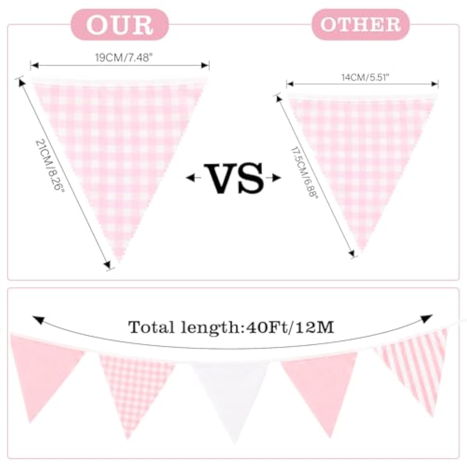 39Ft Pink White Party Decoration, 42Pcs Large Striped And Checkered Fabric Banner Garland, Triangle Banner Flags For Valentine'S Pink Party, Wedding, Bridal Baby Shower, Home Nursery Decoration