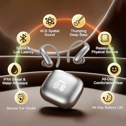 Sport Earbuds with Ear Hook 66hrs Playtime with LED Display Case, Wireless Bluetooth 6.0, Sports Over The Ear Earbuds, IPX4 Gym Workout Running