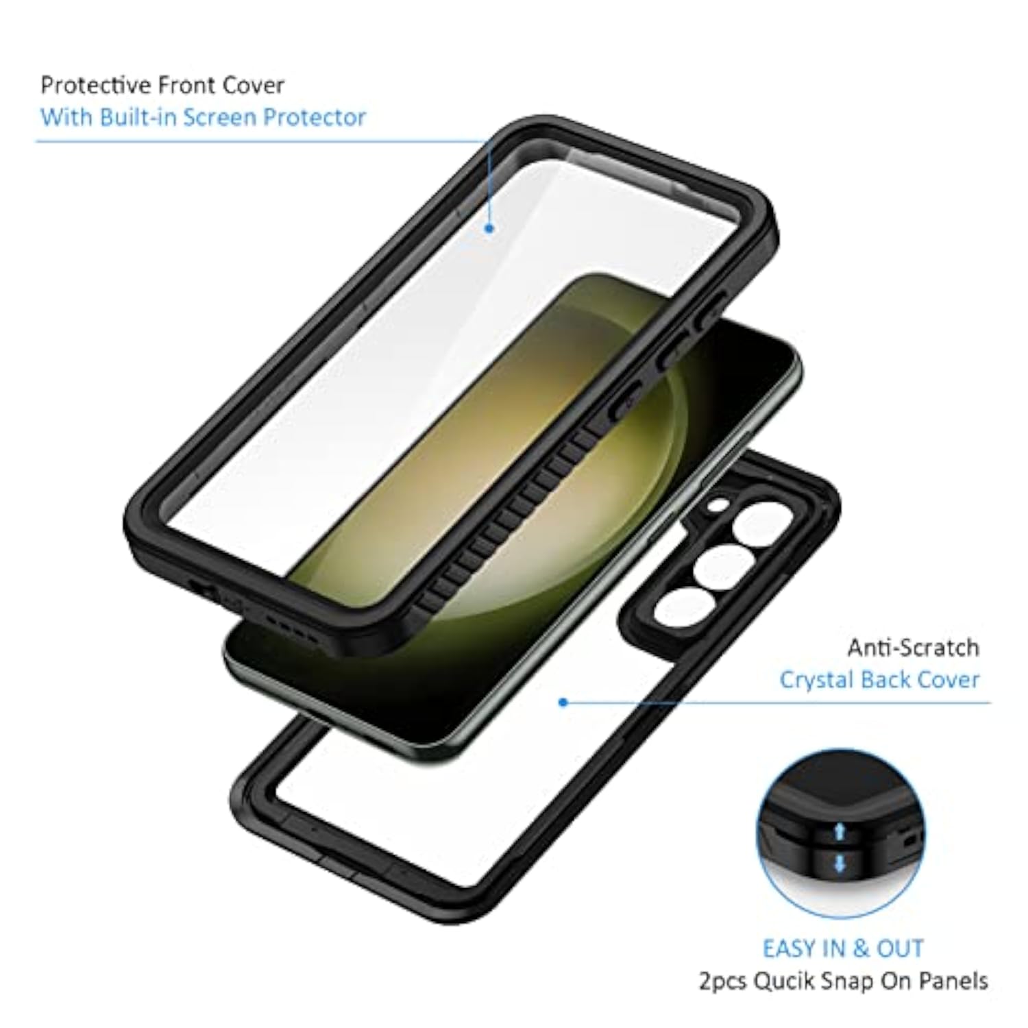 Samsung Galaxy S23 Rugged Case with Built-in Screen Protector, IP68 Waterproof Dustproof Mil-Grade Shockproof Protective Cover for Galaxy S23 5G 6.1 Inch, Black