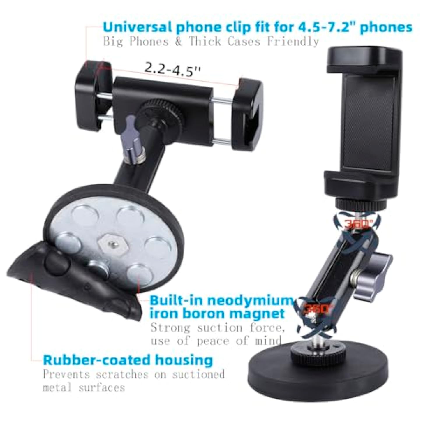 Gym Magnetic Phone Holder Mount With 360° Adjustable Dual Ballhead Magic Arm, Magnet Base Phone Mount For Gym Equipment, Refrigerator, Or Any Ferrous Metal Surface, Compatible With All Smartphones
