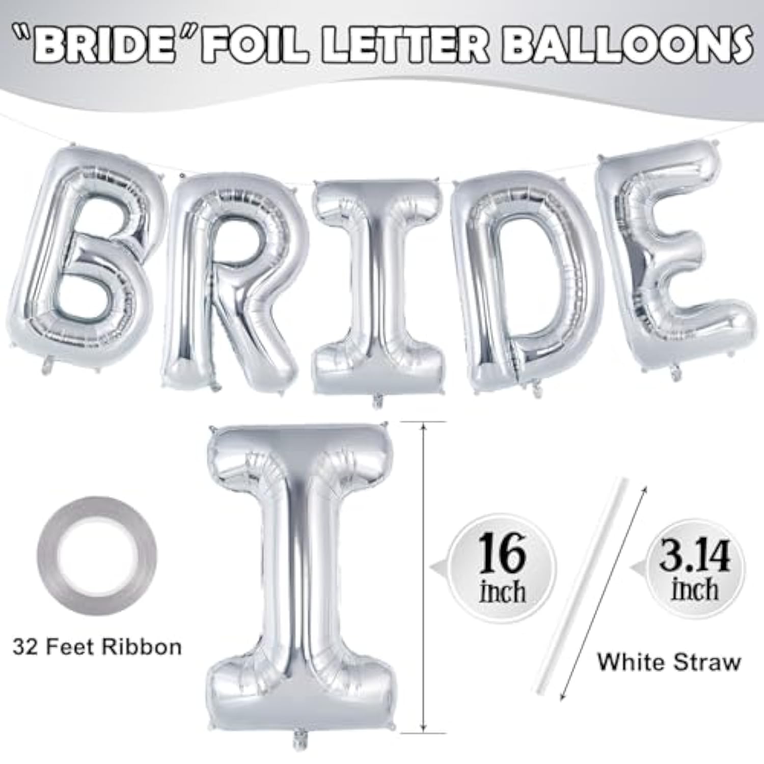 Silver Bride Balloons,16 Inch Bridal Shower Balloons,Bride Balloon Banner For Bachelorette Party Decorations,Bridal Photo Booth Bride Letter Banner For Wedding Engagement Party (Silver)