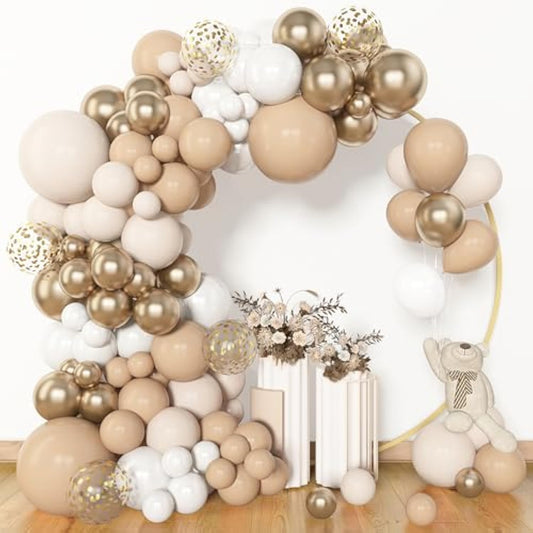 153Pcs White Sand Balloon Garland Arch Kit, Different Sizes 18 12 10 5 Inch Beige Cream Champagne Gold Latex Metallic Confetti Balloons For Boho Neutral Baby Shower Birthday Party Decorations