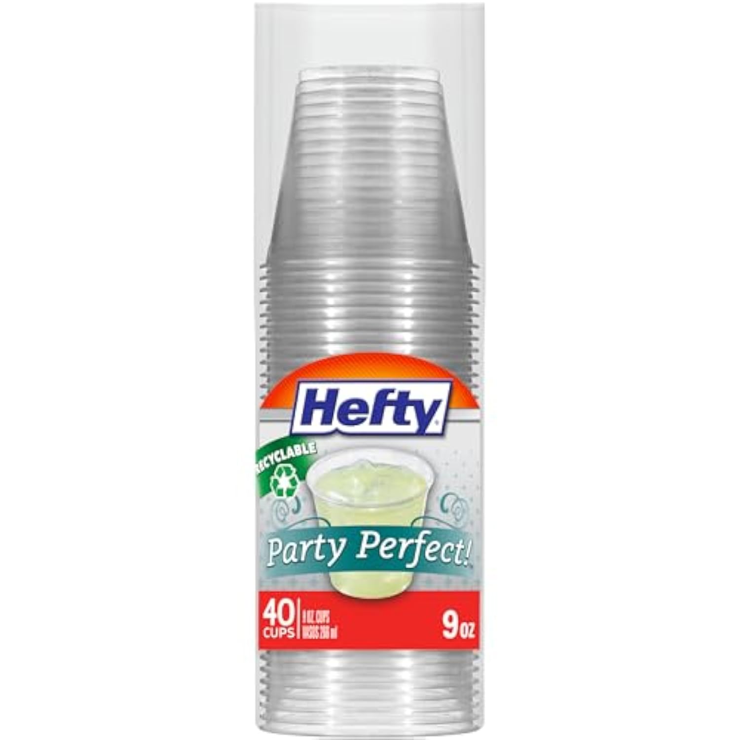 Hefty Party Perfect Clear Plastic Cups, Small Clear Cups for Parties, Wedding Receptions, Birthday Parties, Office Gatherings, and More, Recyclable, 9 Ounce, 40 Count