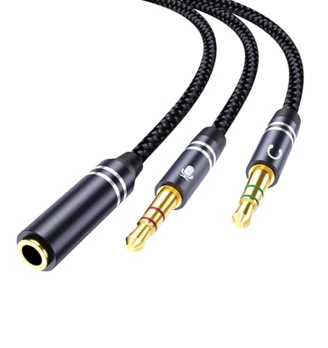 Braided Headphone Splitter for Computer, 3.5mm Female to 2 Dual 3.5mm Male Earphones Port, Mic Y Audio Splitter Cable Compatible with Headset