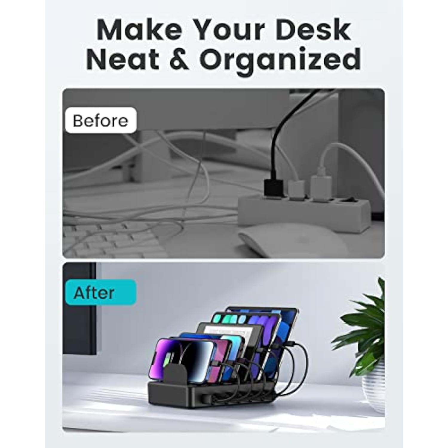 50W 6 Ports Multi Charger Station With 6 Charging Cables, Usb Charging Dock For Multiple Devices, Compatible With Cellphone Ipad Kindle Tablet And Other Electronic Devices