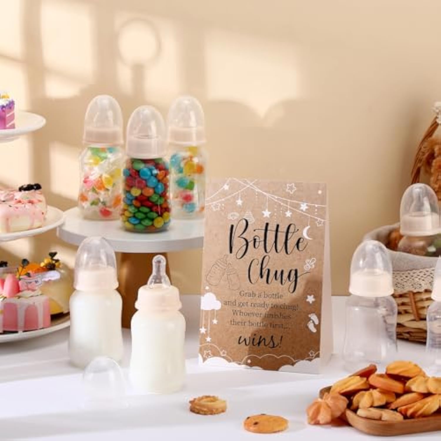 Bottle Chug Baby Shower Game 20 Pcs Baby Bottles Shower Favor With 1 Kraft Theme Sign For Gender Reveal Party Supplies Gifts(Beige)