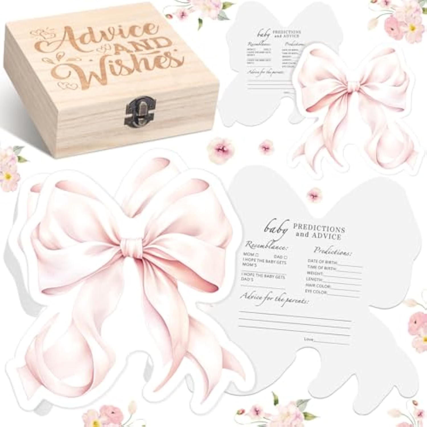 50 Pcs Double Side Pink Bow Baby Predictions & Advice Pink Bow Cards For New Parents Baby Shower Games With Cards Wooden Keepsake Box For Wishes Decorations