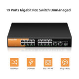 16 Port Gigabit Poe Switch Unmanaged, 16 Poe+ Ports @240W, 2 Gigabit Uplink Ports And 1 Sfp Slot, 802.3 At/Af Compliant, Fanless & Metal Housing, Desktop Or Rackmount