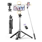 53'' Selfie Stick Tripod With Light, Extendable Selfie Stick With Remote, Portable Cell Phone Tripod Stand With All In 1 Phone Clip, Lightweight Camera Tripod Compatible With Iphone 15 14 13, Android
