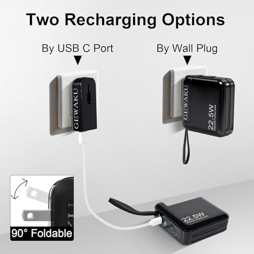 Portable Charger with Wall Plug 15000mAh Power Bank 22.5W Fast Charging Built-in Cables, 3-in-1 Compact USB-C Battery Pack Travel Essentials for