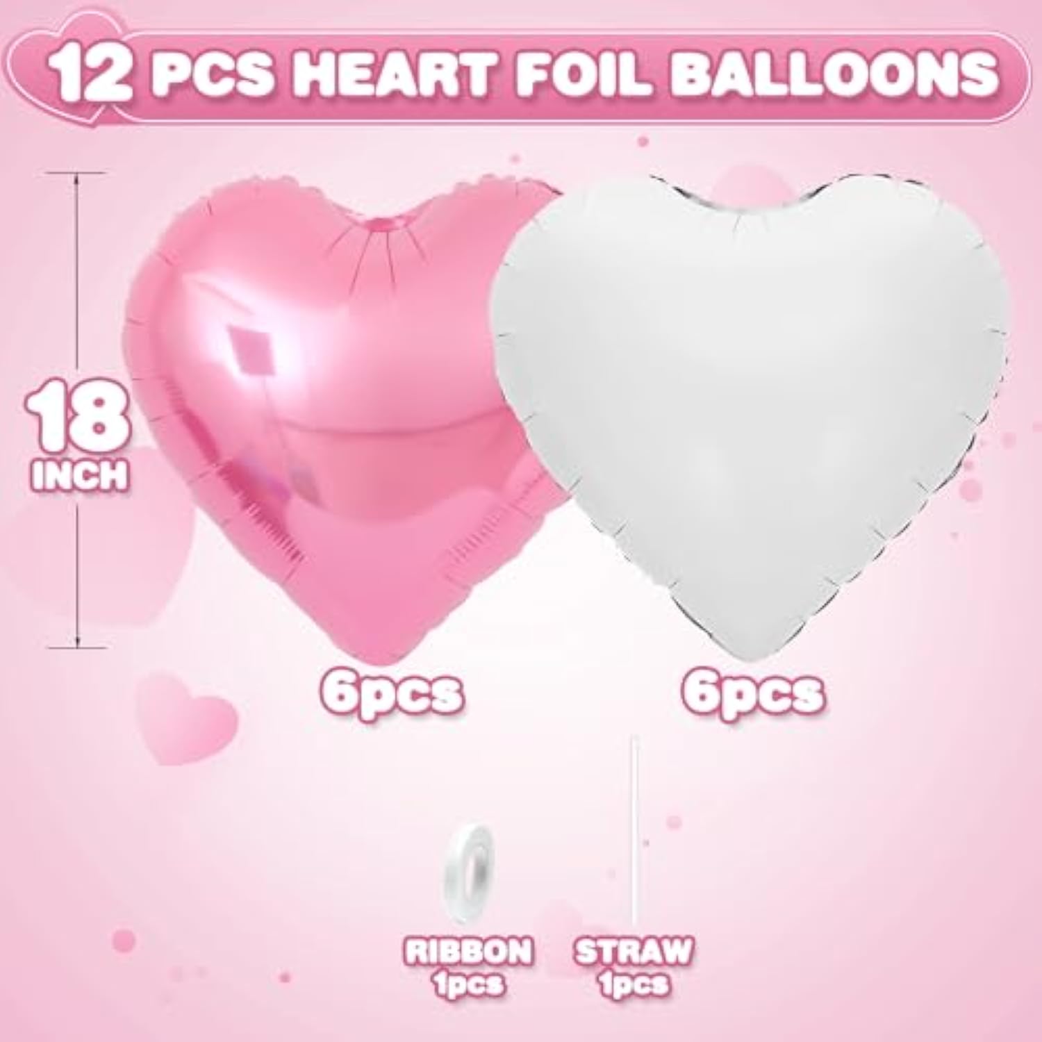 Pink White Heart Balloons,12Pcs Light Pink Heart Shaped Foil Balloons,18Inch White Helium Polyester Film Balloon For Baby Shower Birthday Anniversary Wedding Party Decorations
