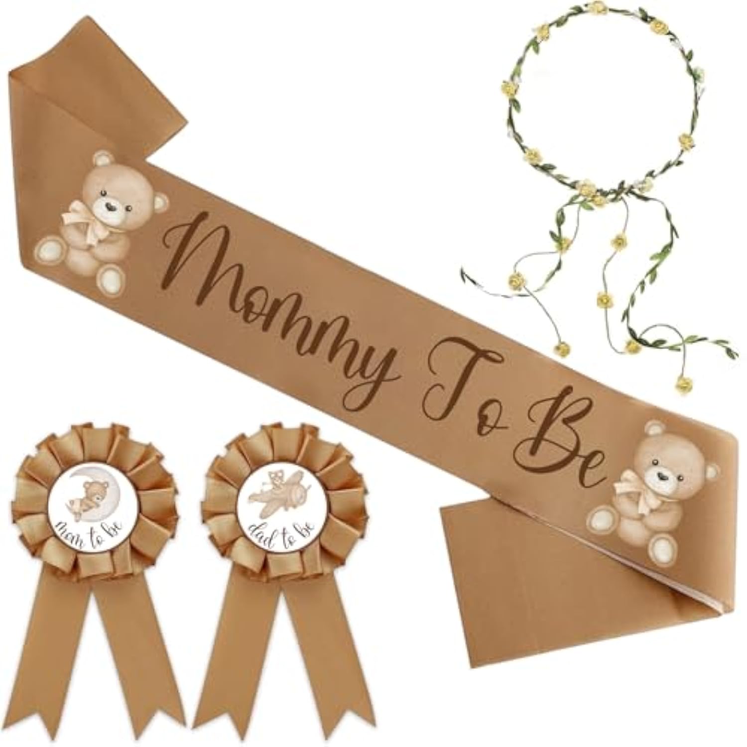 Bear Theme Mom To Be Sash For Baby Shower Decorations Dad To Be Pin And Flower Crown Headband Cute Satin Baby Shower Sash For Gender Reveals Party Favors Pregnancy Props Keepsake (Brown)