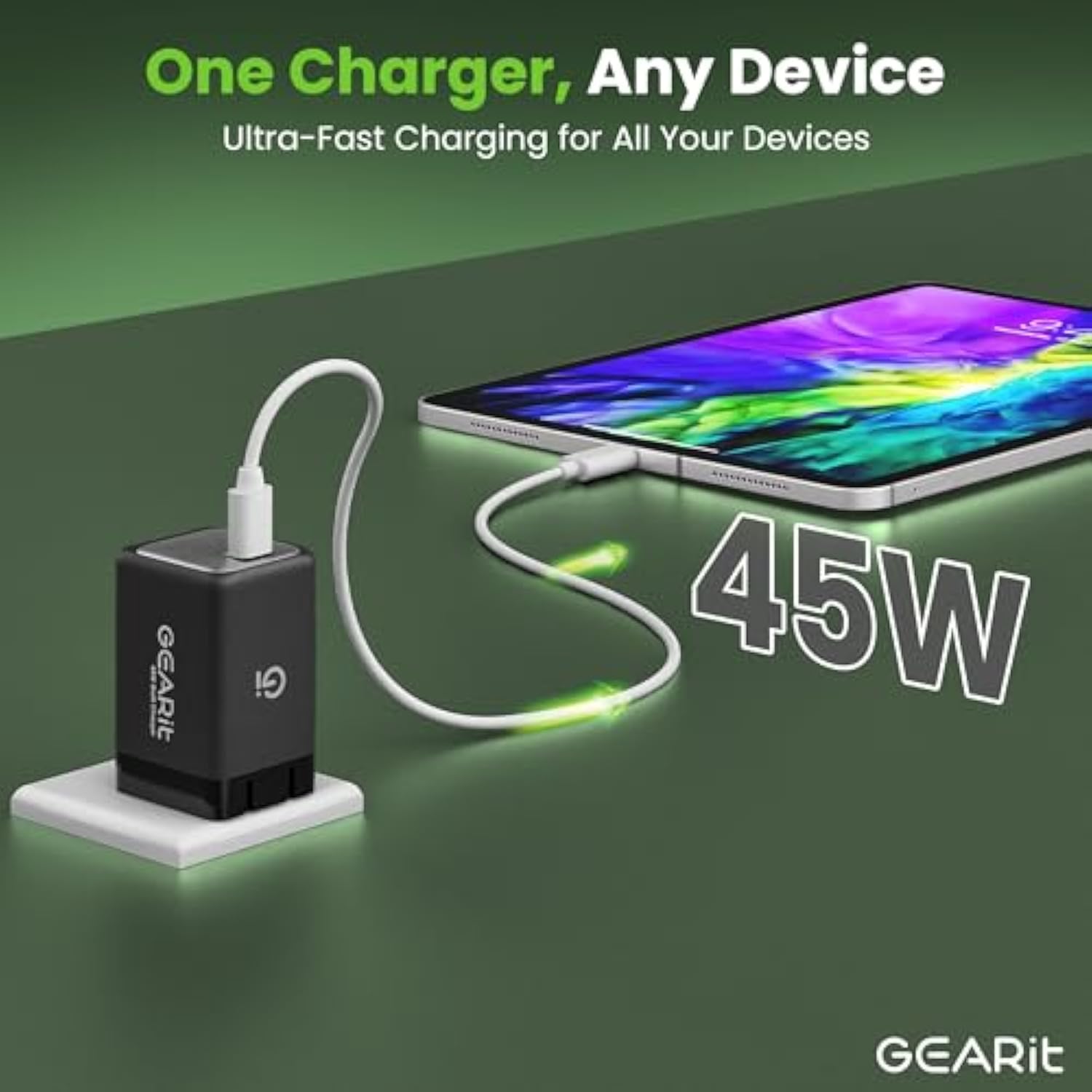 GEARit Compatible with Apple, Samsung, iPhone, iPad | 45W USB C Charger Block | Foldable GaN Wall Charger Box | Fast Charging Wall Plug Power Adapter Brick Cube | Type-C Charging Block - Black