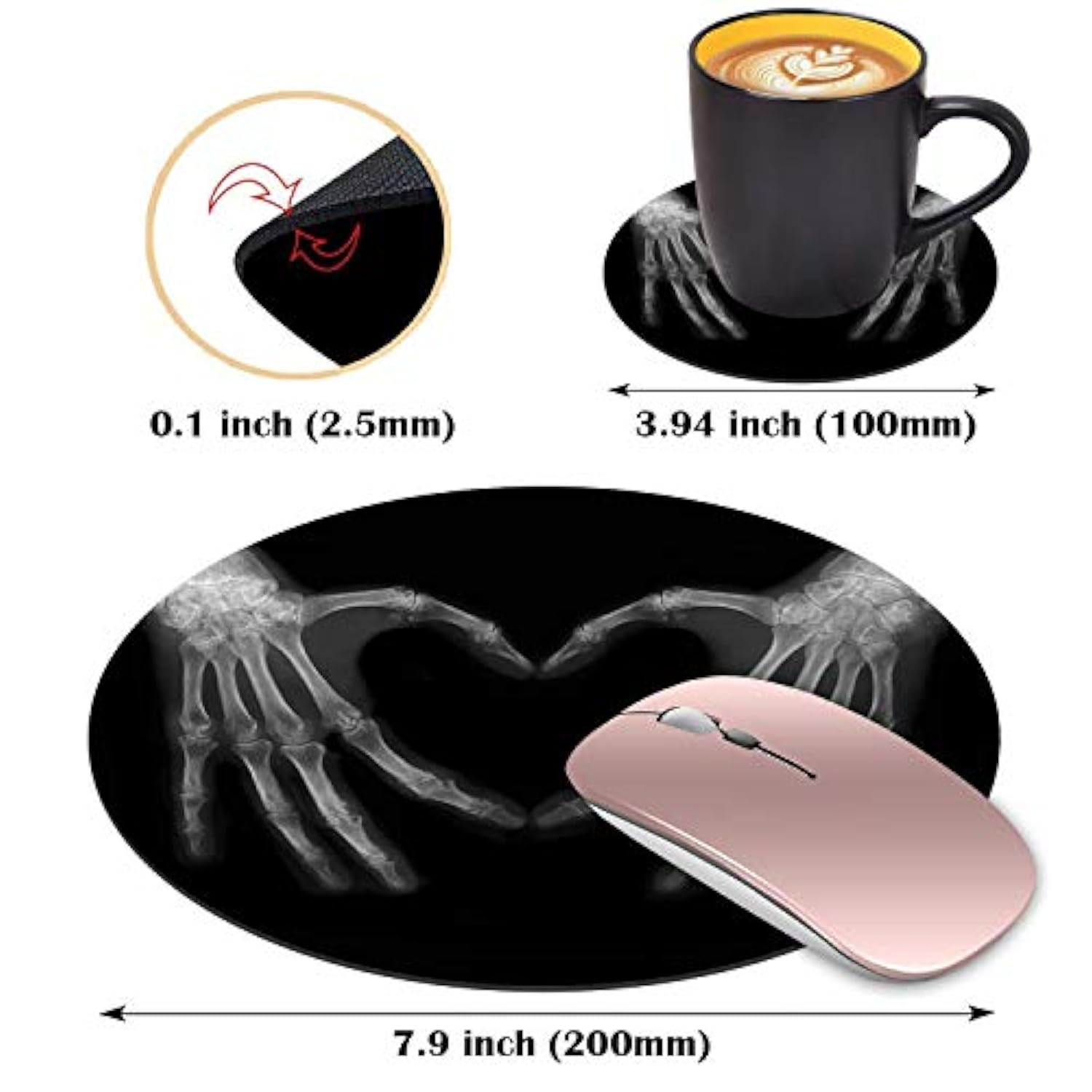 Round Mouse Pad And Coasters Set, Xray Bones Of Hands Making The Sign Love Heart Design Mouse Pad, Non-Slip Rubber Base Mouse Pads For Laptop And Computer, Cute Design Desk Accessories