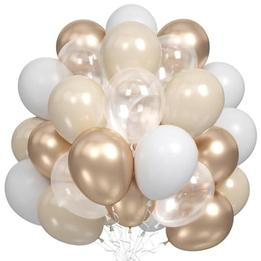 Nude White Gold Balloons, 60Pcs Metallic Champagne Gold Cream White Clear Balloon White Sand Blush Beige Transparent Party Balloons For Birthday Boho Wedding Anniversary Engagement Hen Decorations