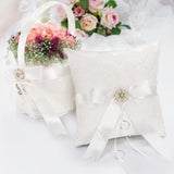 2 Pack Flower Girl Basket And Ring Bear Pillow Set, Cute Lace Pearl Flower Baskets With Ring Cushion, Cherish Ivory Rhinestones Satin Wedding Fairy Decor Party Ceremony