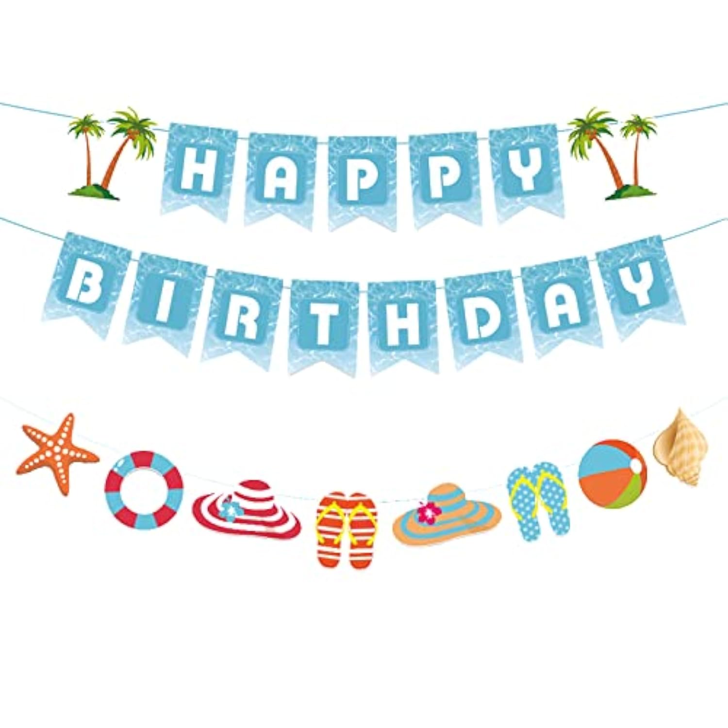 Seaside Happy Birthday Party Decoration Blue White Sign Starfish Conch Hanging Paper Banner For Kids Adults Tropical Hawaiian Beach Pool Summer Accessories Supplies