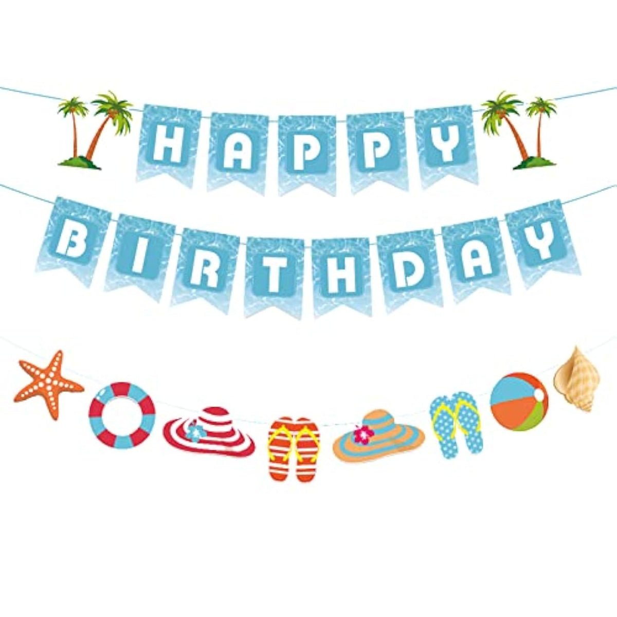 Seaside Happy Birthday Party Decoration Blue White Sign Starfish Conch Hanging Paper Banner For Kids Adults Tropical Hawaiian Beach Pool Summer Accessories Supplies