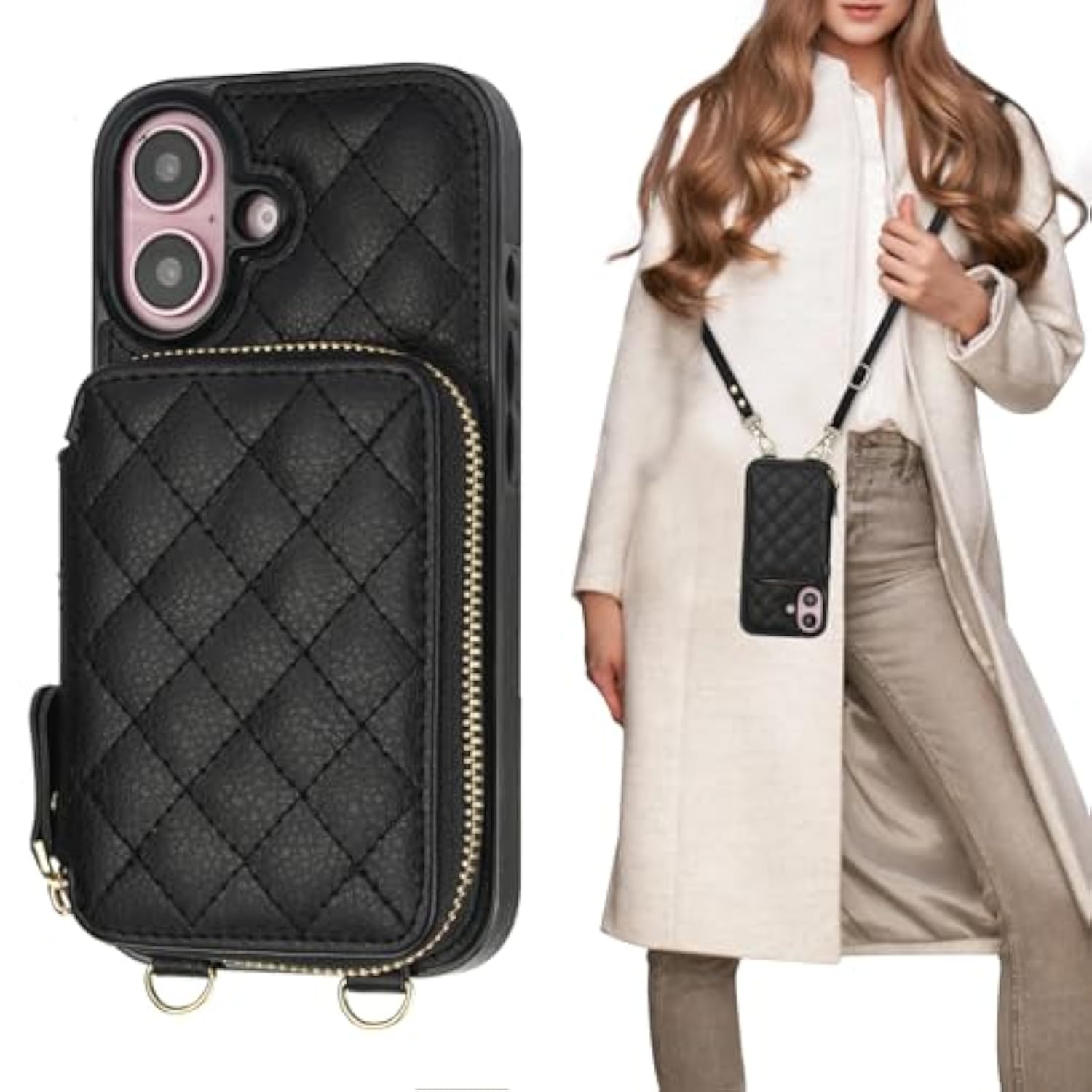Crossbody Wallet Case For Iphone 16, Rfid Blocking Pu Leather Zipper Handbag Purse Flip Cover, Kickstand Folio Case With Card Slots Holder Wrist Strap Lanyard 5G 6.1 Inch (Black)