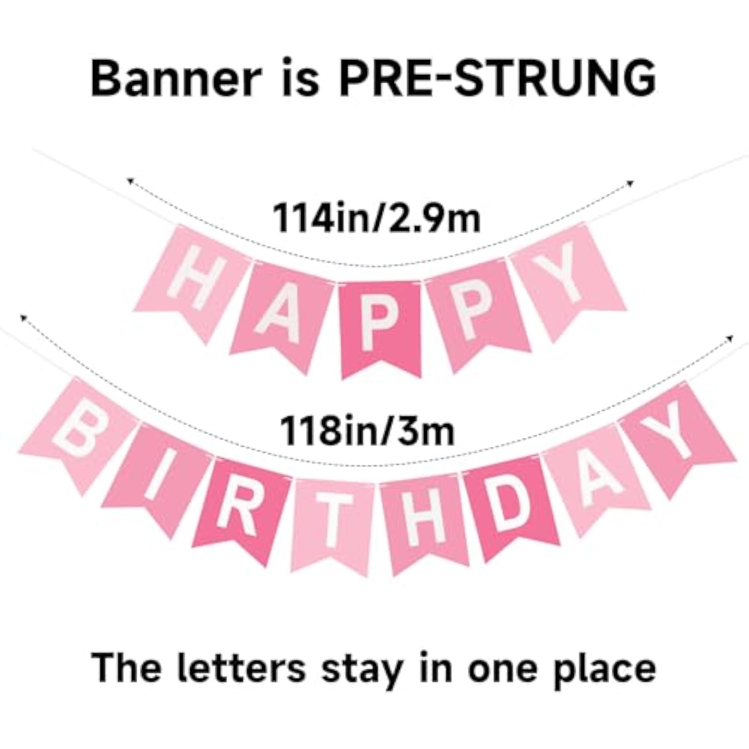 Pink Happy Birthday Banner Pre-Strung Hanging Sign for Women, Men, Girls, or Boys