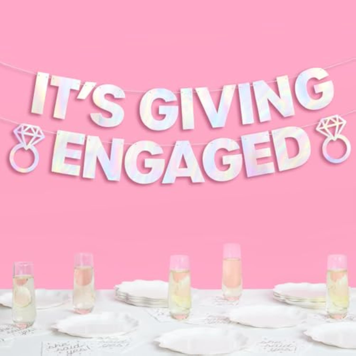 It'S Giving Engaged Banner - Iridescent Foil | 5 Ft. | Bachelorette Decorations, Engagement Party Sign, Proposal Background, Bach Supplies