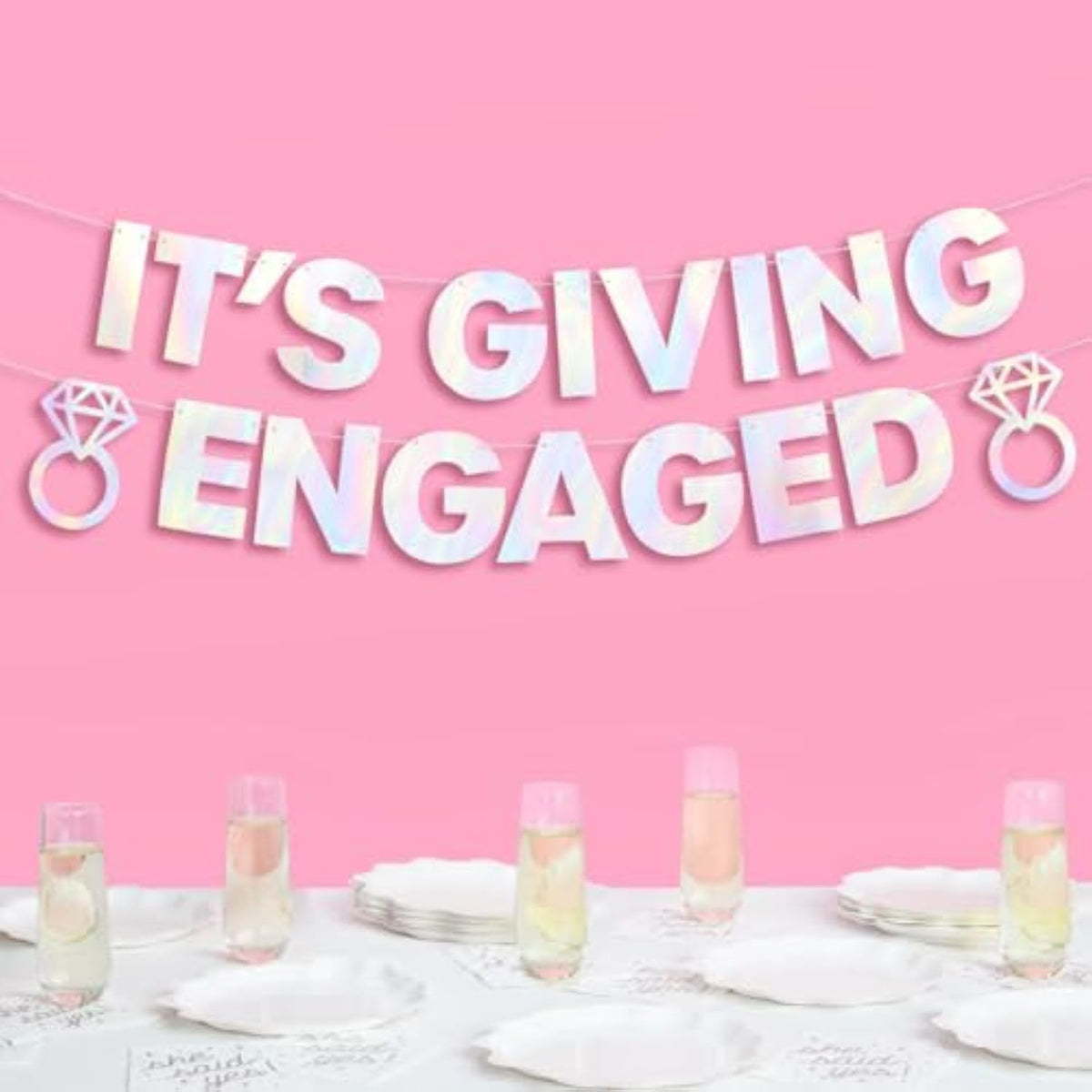 It'S Giving Engaged Banner - Iridescent Foil | 5 Ft. | Bachelorette Decorations, Engagement Party Sign, Proposal Background, Bach Supplies
