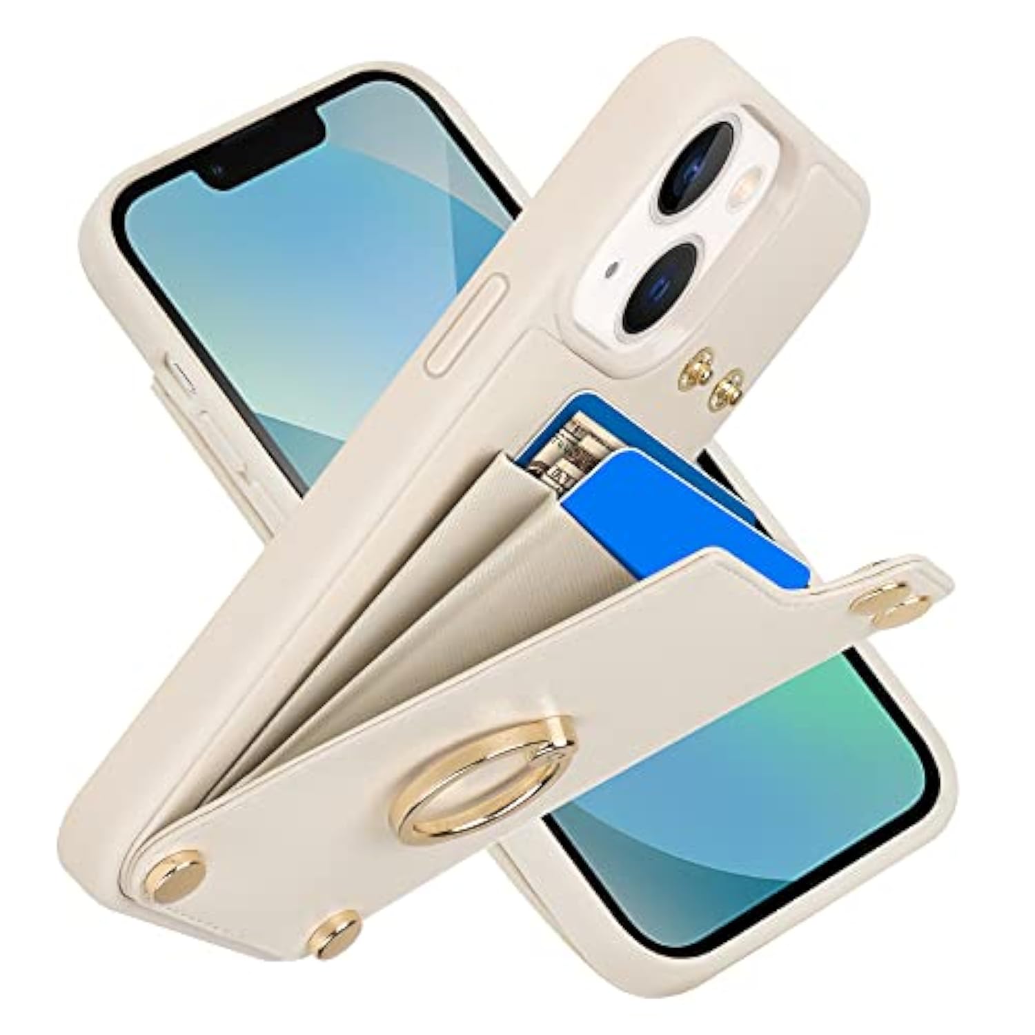 Wallet Case Compatible With Iphone 13, Case With Card Holder, Rfid Blocking Leather Cover 360°Rotation Ring Kickstand Protective Bumper Designed For Apple Iphone 13 6.1'' (2021) Beige