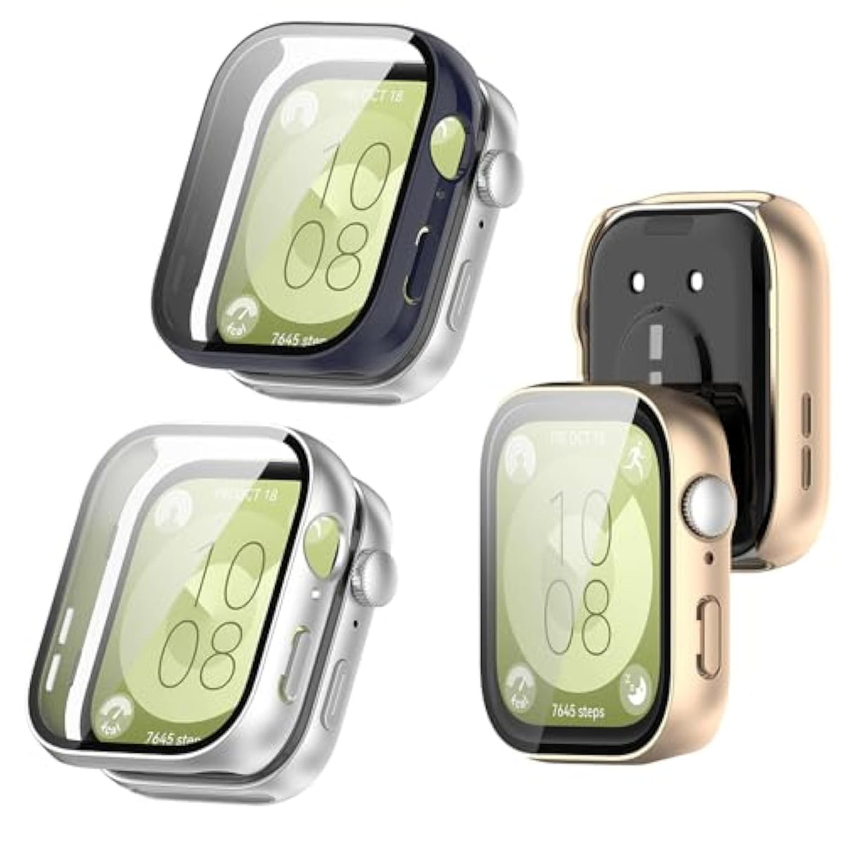 Smartwatch Case Compatible For Huawei Watch Fit 3 Screen Protector, Pc Hard Ultra Bright Tempered Glass One Piece Full Screen Protective Cases (Pack Of 3)