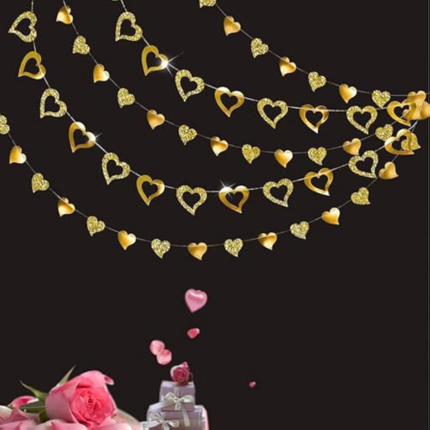 Glitter Gold Heart Garland Shiny Valentines Day Decoration Mothers Day