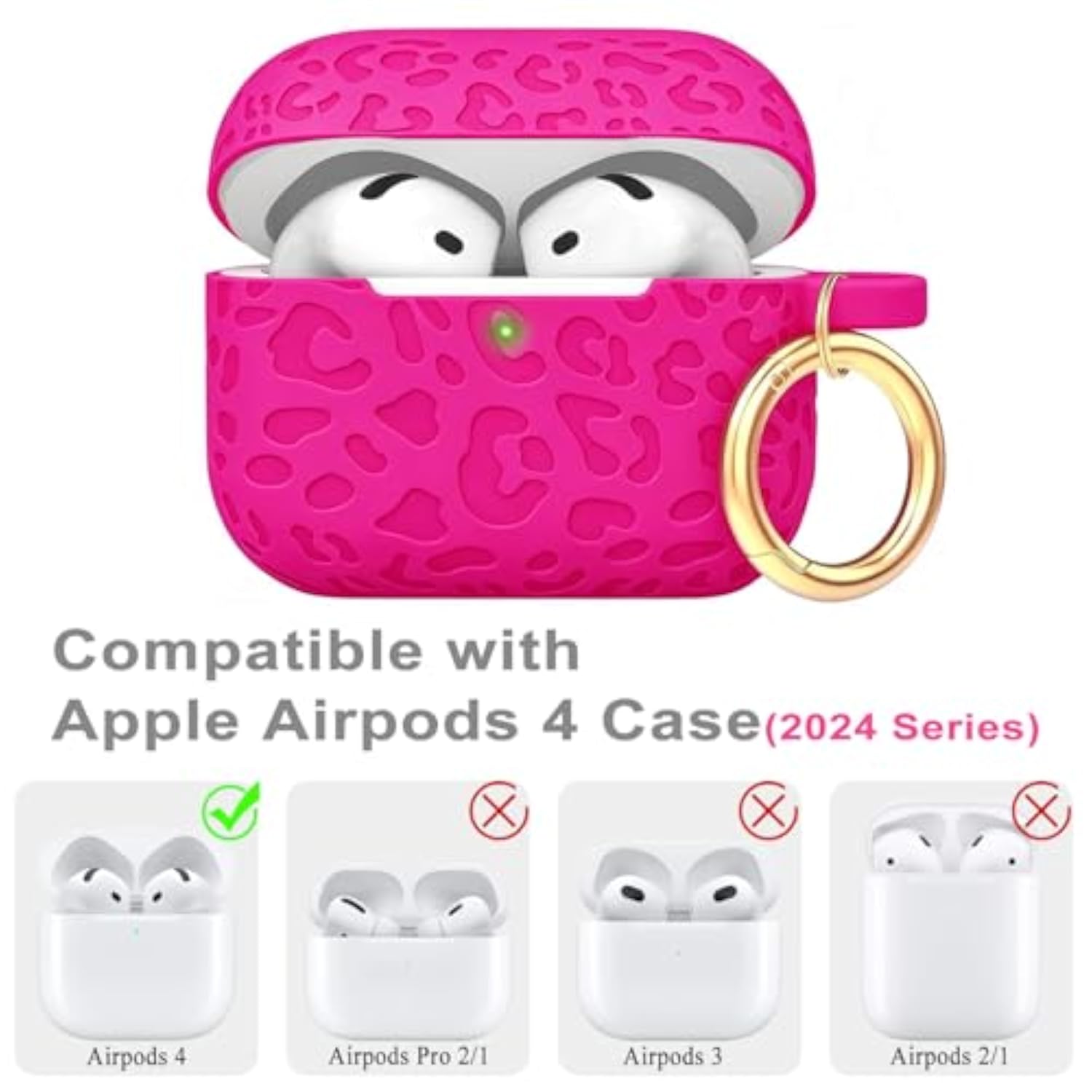 Hot Pink Engraved Leopard Case Compatible with AirPods 4th Generation Carving Cover with Keychain