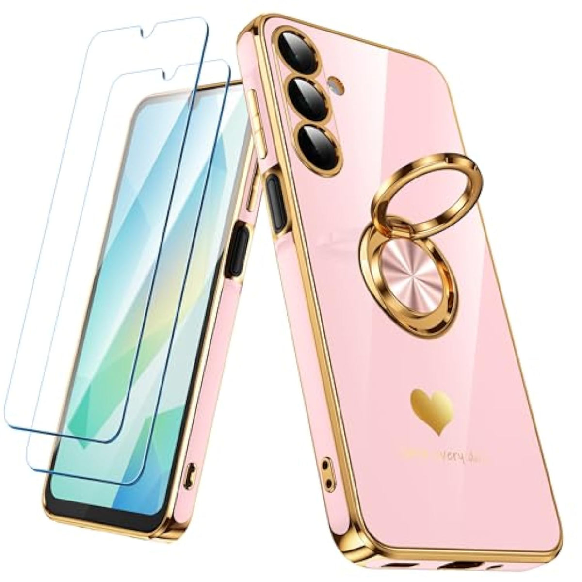 For Samsung Galaxy A16 5G Case With 2 Pack Screen Protector, 360° Rotatable Ring Holder [Luxury Hearts Pattern] Plating Gold Edge Slim Soft Phone Cover Case For Galaxy A16 - Girl Pink