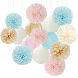 Light-Blue Pink Champagne Gender-Reveal Party-Decorations - 15pcs Boy Or Girl Paper Flowers Tissue Pom Poms Lanterns Streamers,Birthday Bear Baby Shower Neutral Hanging Supplies Decor
