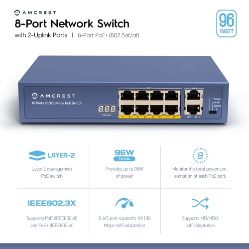8-Port Poe+ Switch, Power Over Ethernet, 802.3At, 96W, Metal Housing, 2-Port Uplink, Unmanaged, Desktop, 1-Year