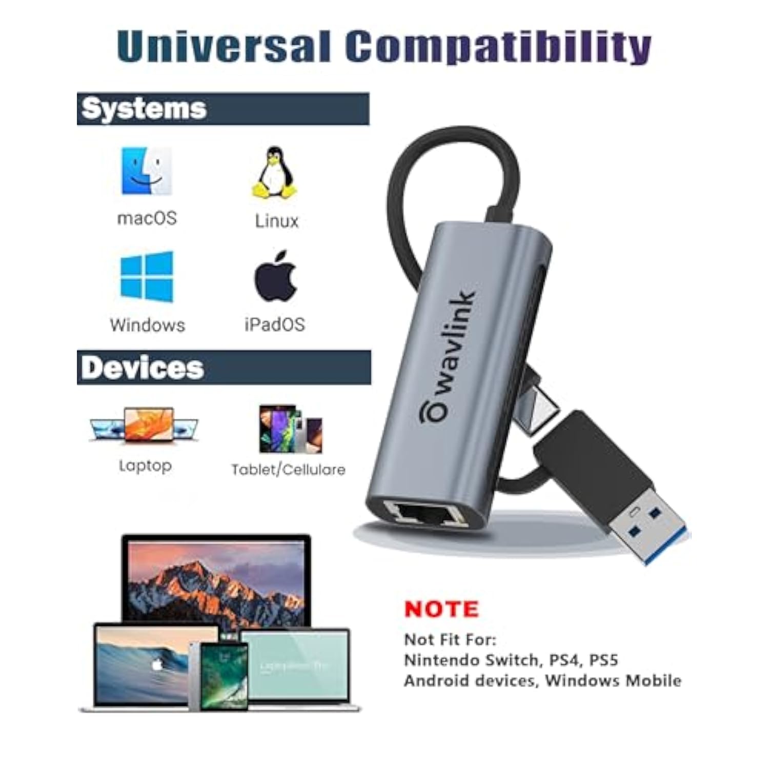 WAVLINK USB C to 2.5G Ethernet Adapter and USB to 2.5 Gigabit Ethernet Adapter