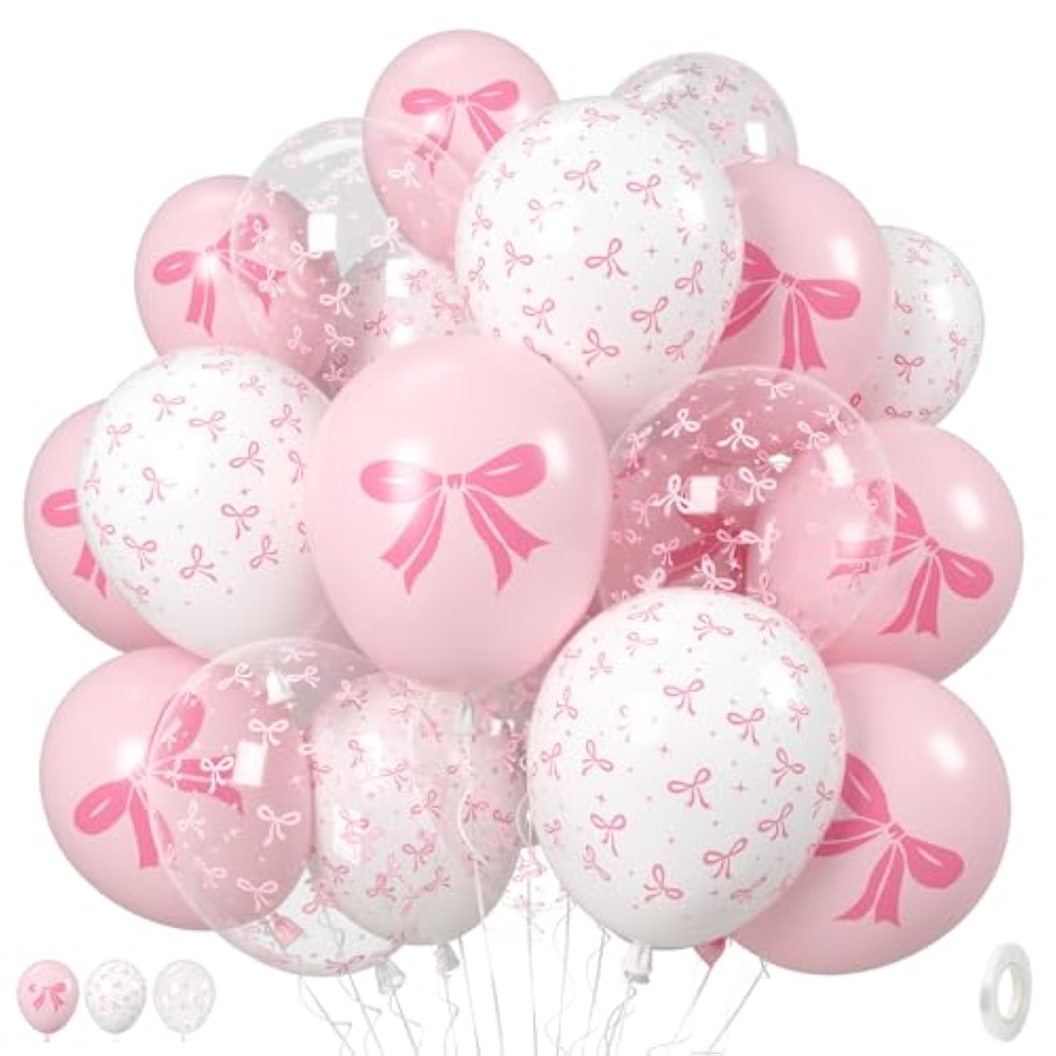 Pink Bow Balloons, 35Pcs Light Pastel Pink Clear White Bow Latex Balloon For Girls Women Wedding Bridal Baby Shower Bachelorette Engagement Princess Coquette Birthday Theme Party Decorations Supplies