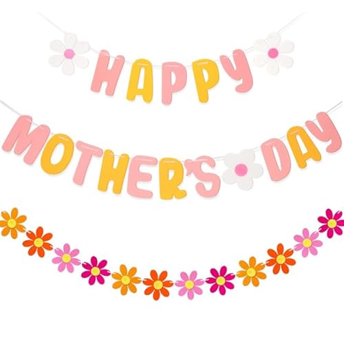Happy Mothers Day Banner Mothers Day Decorations Sign Bunting Banner Garland with Daisy for Mothers Days DIY Home, Office, Fireplace, Wall Party Supplies Event Decorations Photo Props
