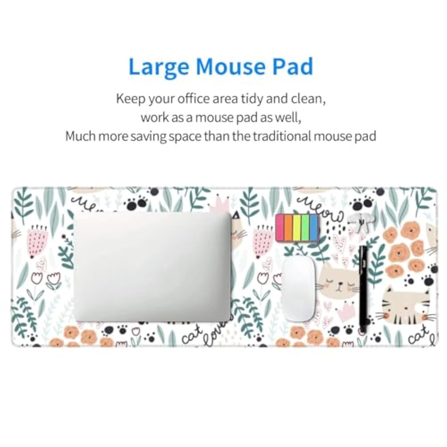 Cats And Florals Large Gaming Mouse Pad 31.5X11.8 Inches - Non-Slip Waterproof Rubber Base, Stitched Edges Extended Desk Mousepad For Office, Work, Home, Gaming, Laptop & Keyboard