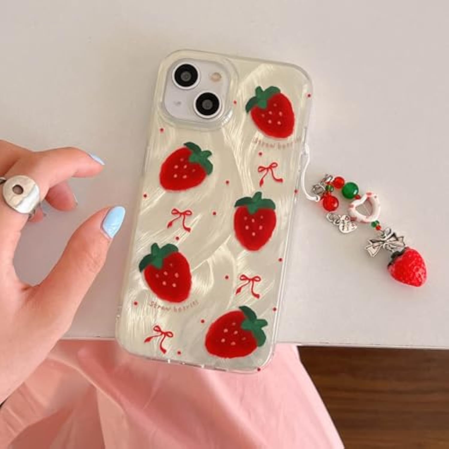 Cute Glitter Strawberry Phone Case With Charm For Iphone 15,Kawaii Red Bow Polka Dot Design Aesthetic Fruit Summer Phone Girly Women?Never Fade ?1.5Mm Raised Edges Protect(With Charm,6.1”)