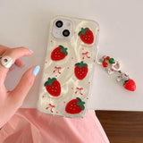 Cute Glitter Strawberry Phone Case With Charm For Iphone 15,Kawaii Red Bow Polka Dot Design Aesthetic Fruit Summer Phone Girly Women?Never Fade ?1.5Mm Raised Edges Protect(With Charm,6.1”)