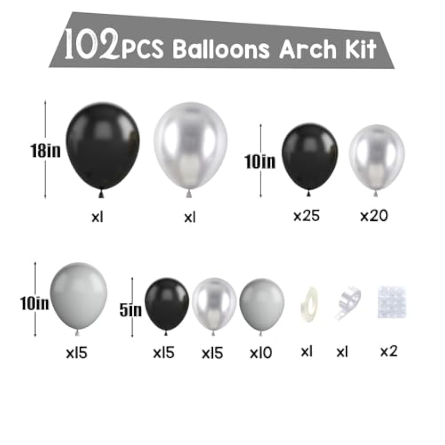 102PCS Black & Silver Balloon Garland Kit Party Decor for Birthday, Wedding, Shower and More