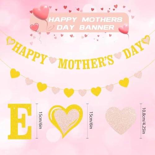 Happy Mothers Day Banner NO DIY Gold Glitter Banner with Heart for Mothers Day Hanging Decorations Mom Birthday Party Supplies Favor Photo Props Home Decorations