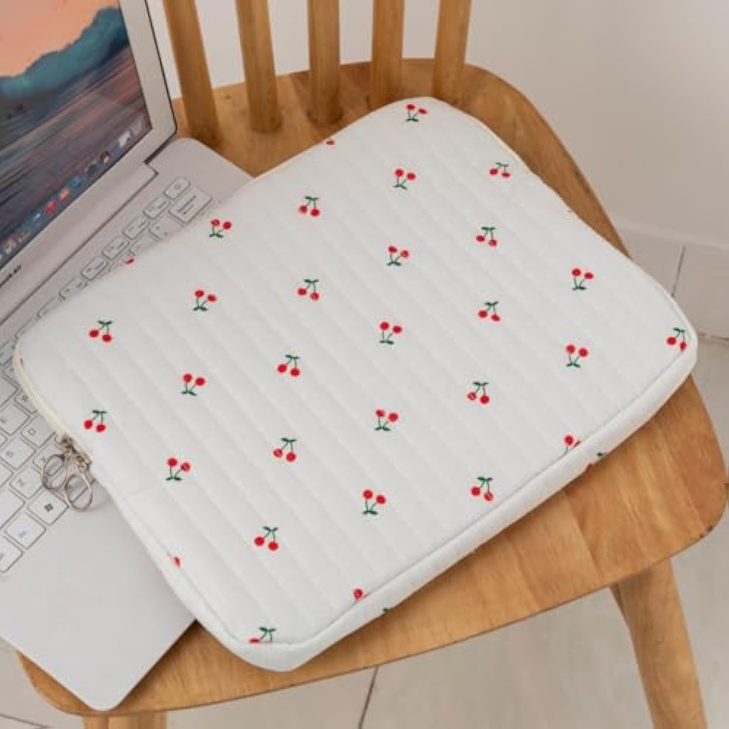 Cute Cherry Floral Laptop Sleeve Y2K Preppy Carrying Laptop Bag Cover Girly Coquette Puffy Quilted Tablet Liner Pouch (Cherry,11 Inch)