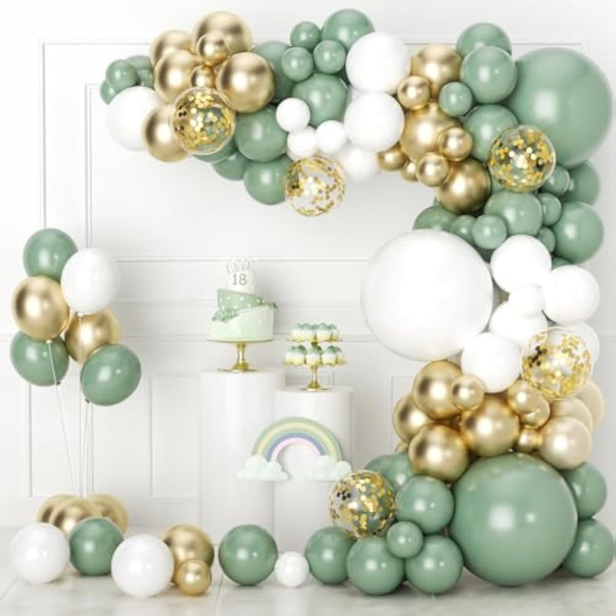 Sage Green Balloon Garland Kit,138Pcs Sage Green Balloons With White Metallic Gold Confetti Balloons For Wedding Birthday Party Baby Shower Party Background Decoration